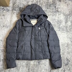 Abercrombie & Fitch Womens Grey Hooded Puffer Jacket Quilted Winter Coat Medium